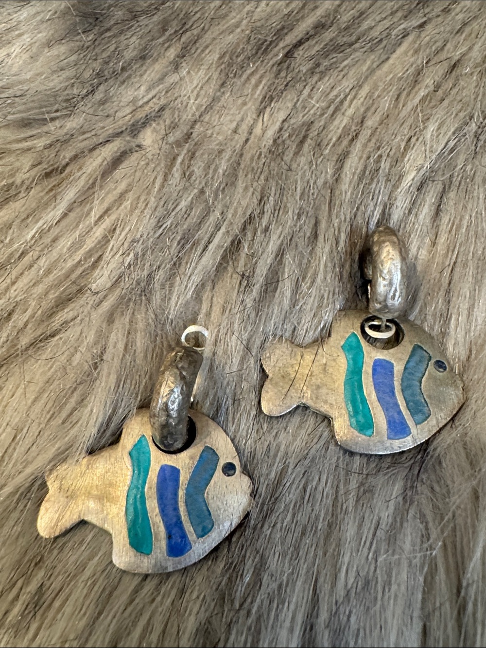 Vintage Agatha Paris Silver Fish Earrings with Blue and Teal Enamel